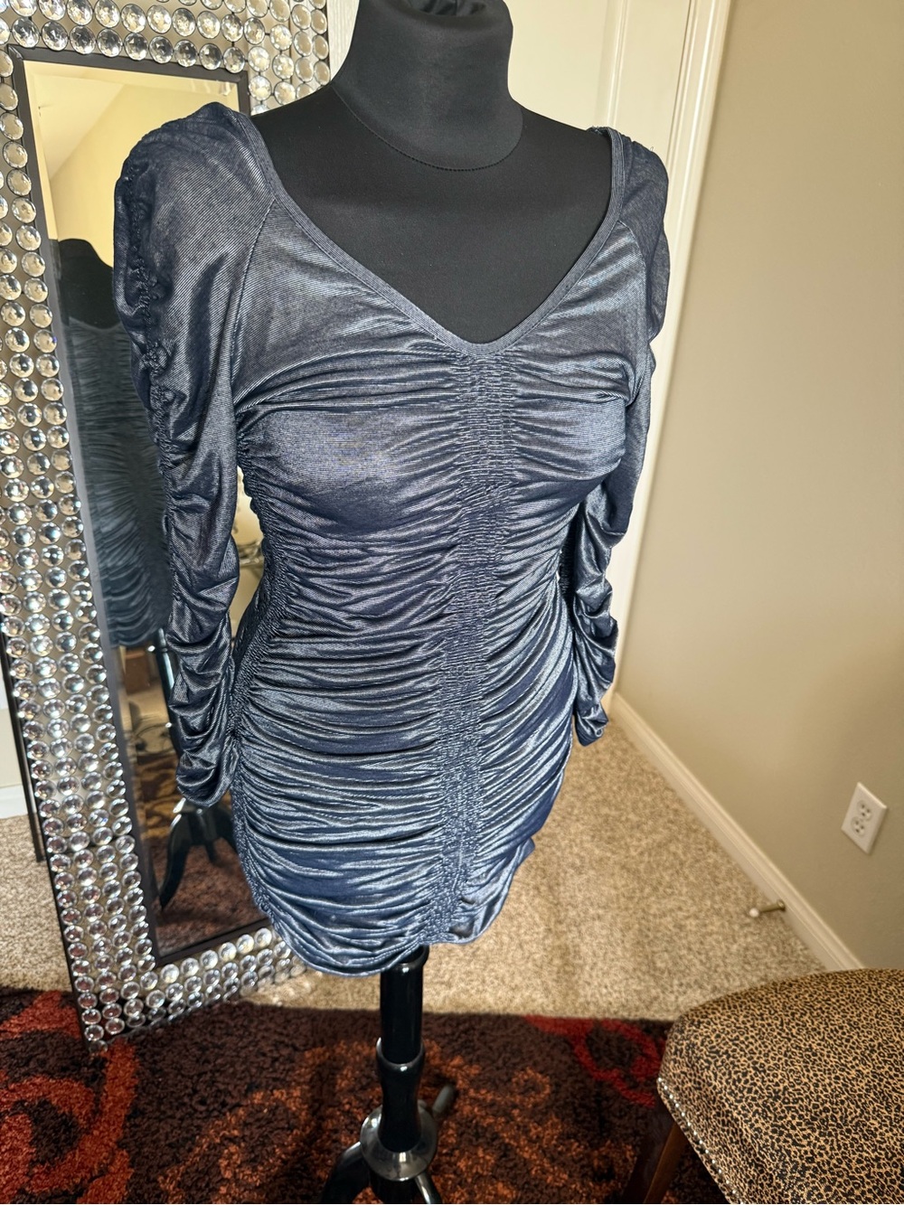 Forever Unique Metallic Navy Ruched Mini Dress
